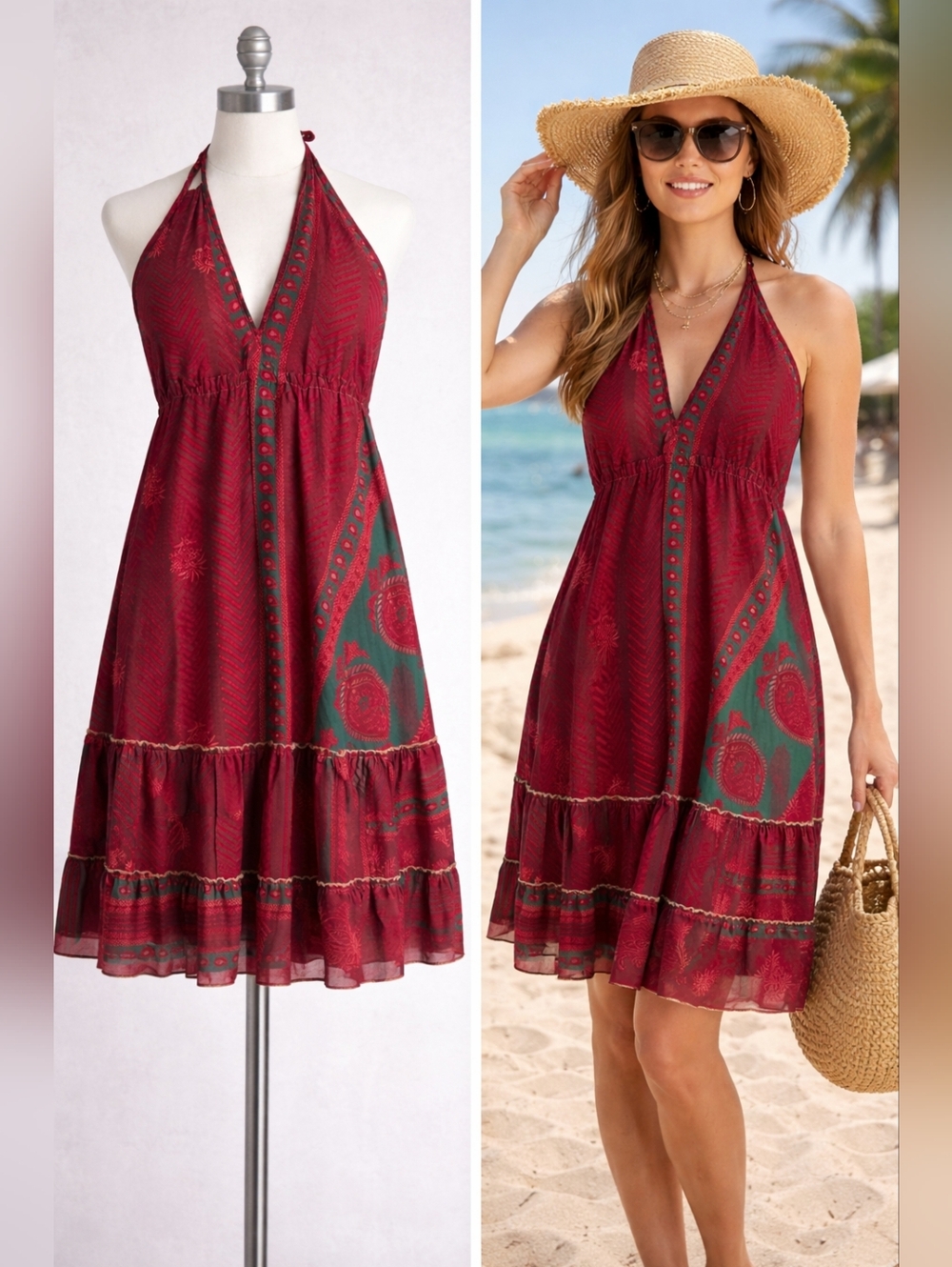 Jessica Taylor 100% Silk Halter Dress Red Green Boho One Size New